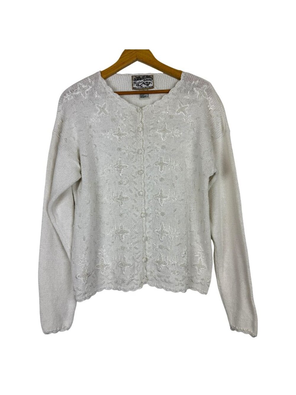 Vtg Heirloom Collectibles Knit Cardigan Sz Large Ivory Embroidered Pearl Beads